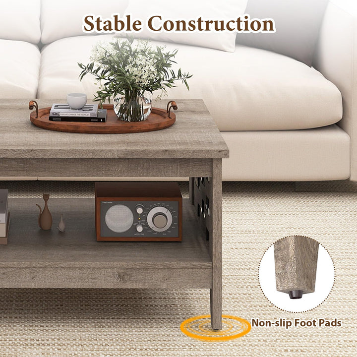 Giantex 2-Tier Farmhouse Coffee Table with Open Shelf and Woven Decorations for Living Room