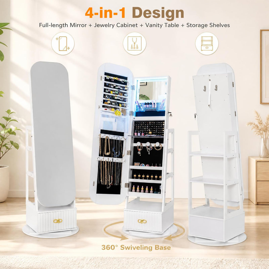 CHARMAID 360° Swivel Lockable Jewelry Armoire with Fluted Drawer