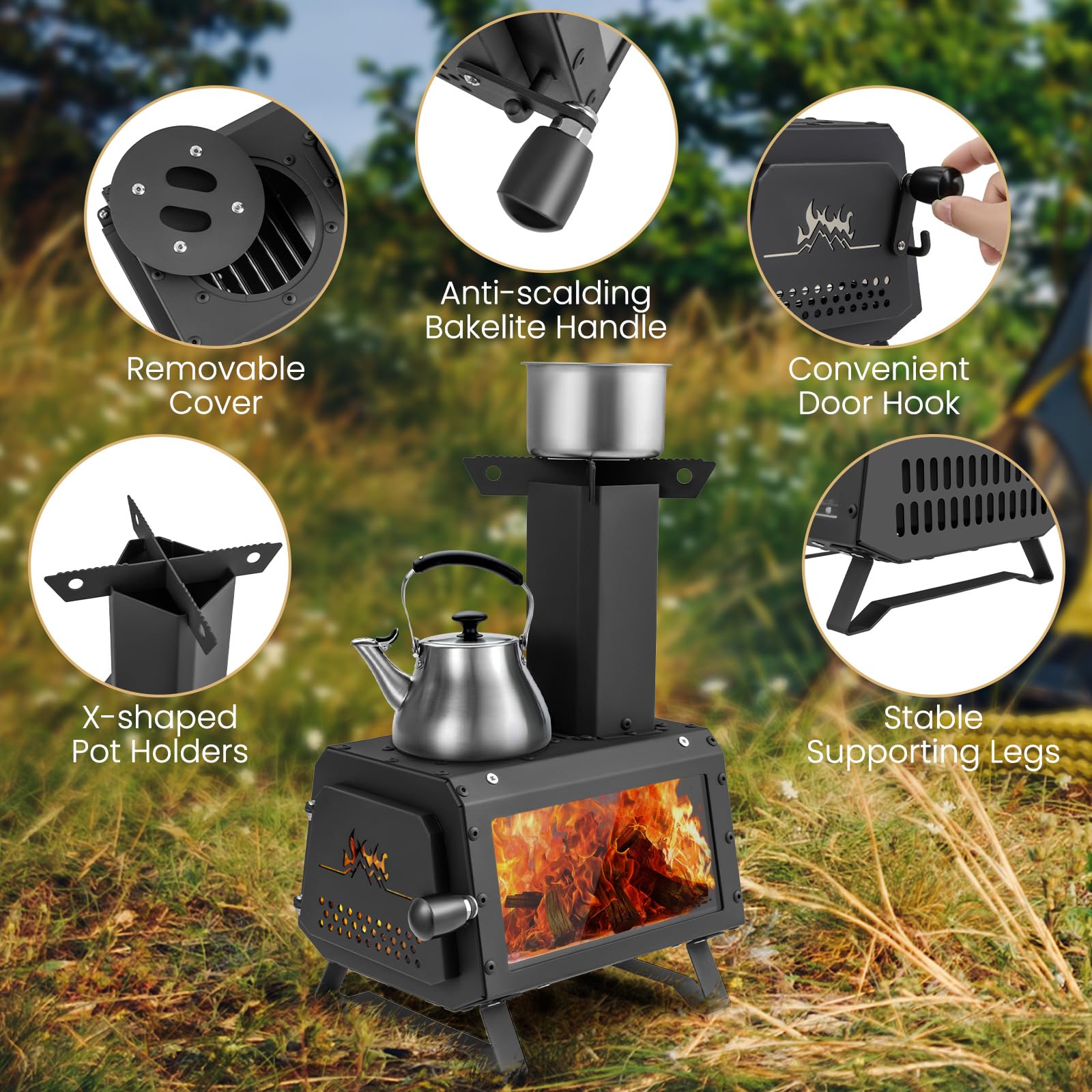 下架 - Giantex Portable Camping Wood Stove - Mini Wood Burning Stove w/ 2 Cooking Positions