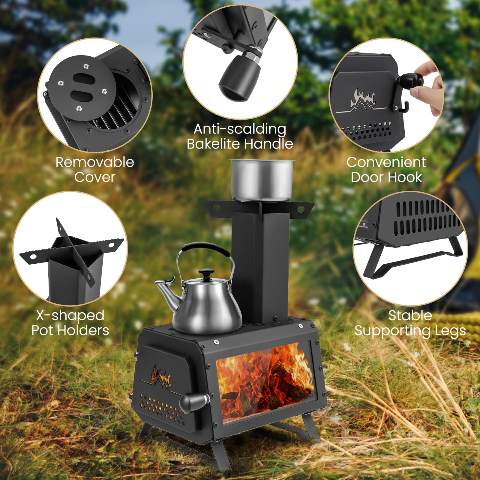 Giantex Portable Camping Wood Stove - Mini Wood Burning Stove w/ 2 Cooking Positions