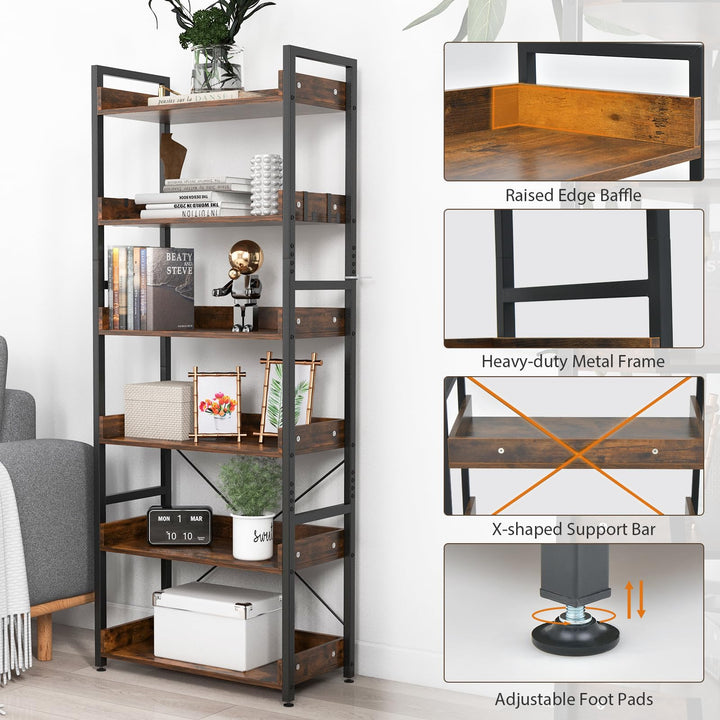 Giantex Industrial 6-Tier Bookshelf, 70" Tall Freestanding Storage Display Shelf with 4 Hooks