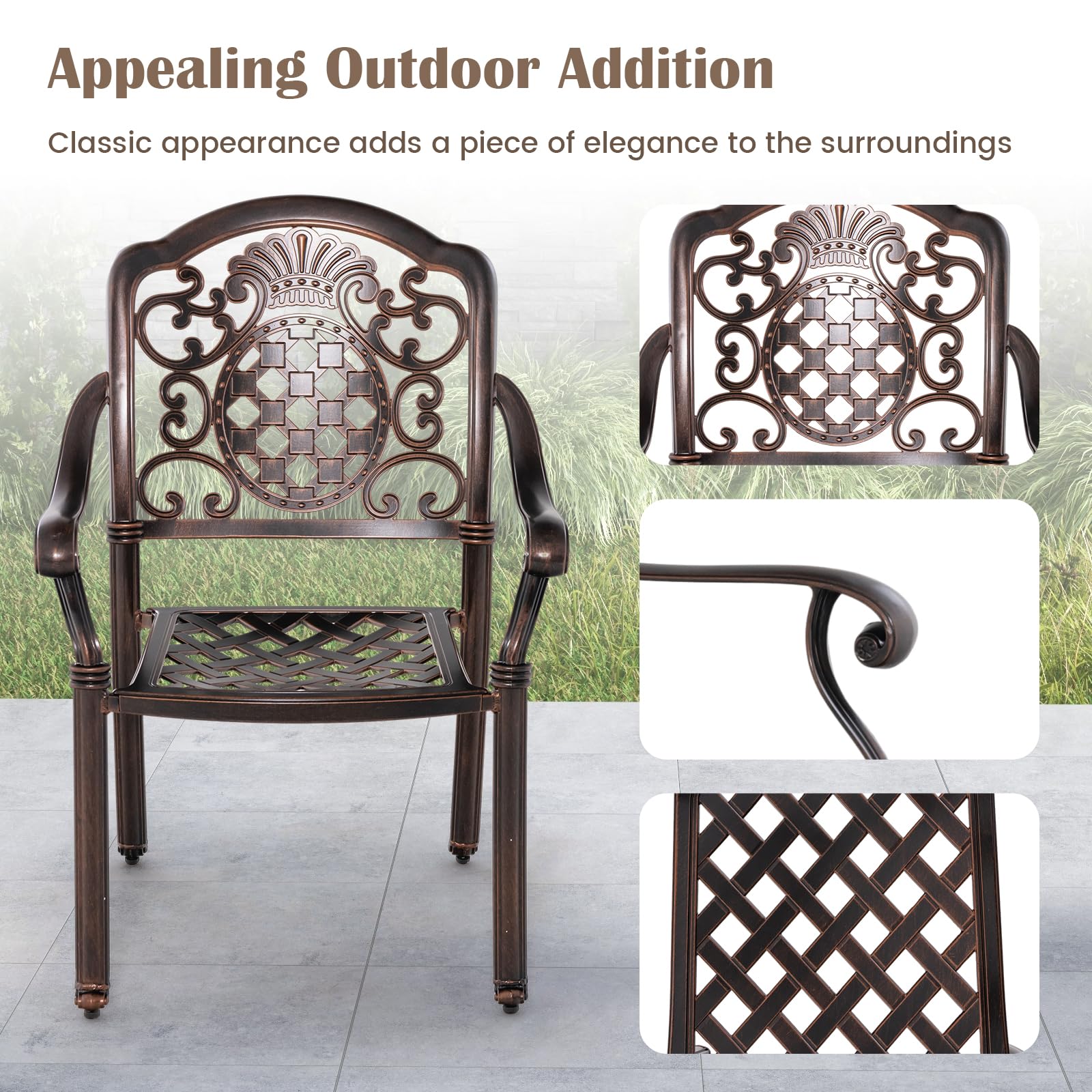 Giantex Patio Chairs Set of 2, Easy Assembly Stackable Cast Aluminum Outdoor Chairs with Armrest & Adjustable Footpads