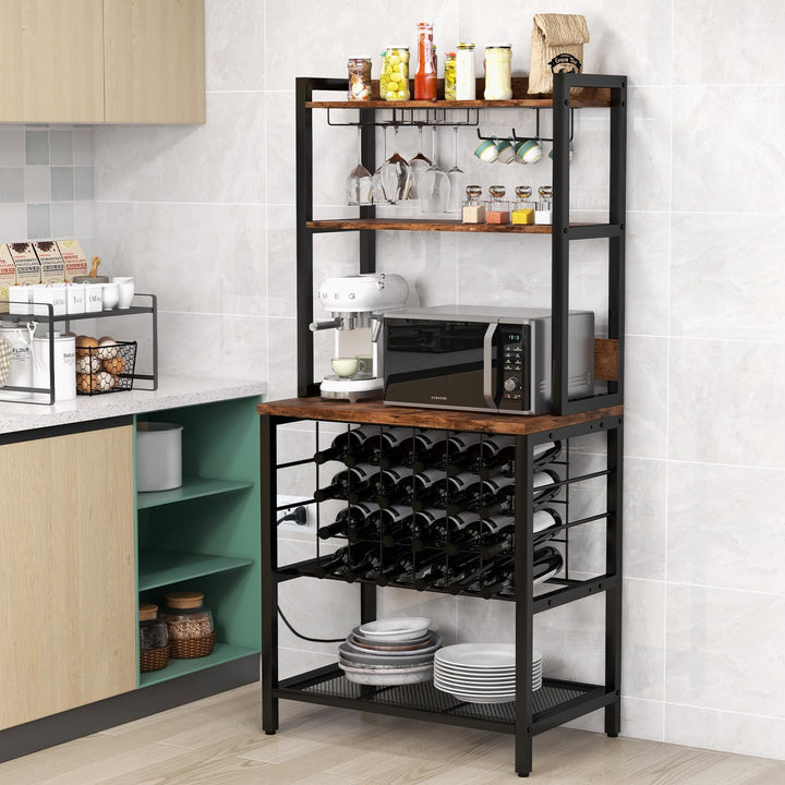 Giantex Bakers Rack with Storage Hutch, Power Outlet & USB Port, Coffee Bar 24-Bottle Wine Rack & Glass Holder