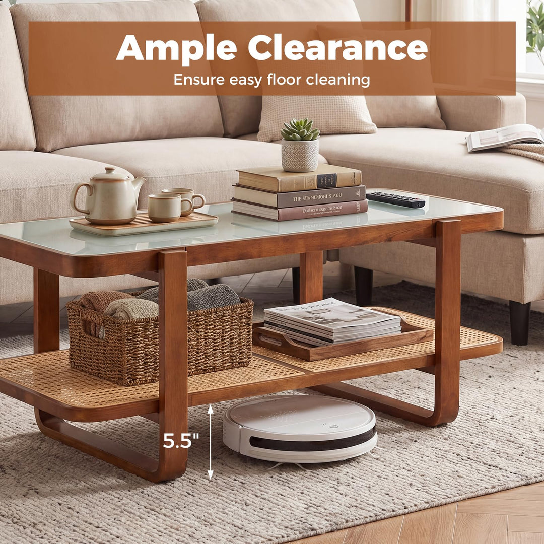 Giantex Rattan Coffee Table | 41.5" Farmhouse Center Table with Storage &amp; Frosted Tempered Glass