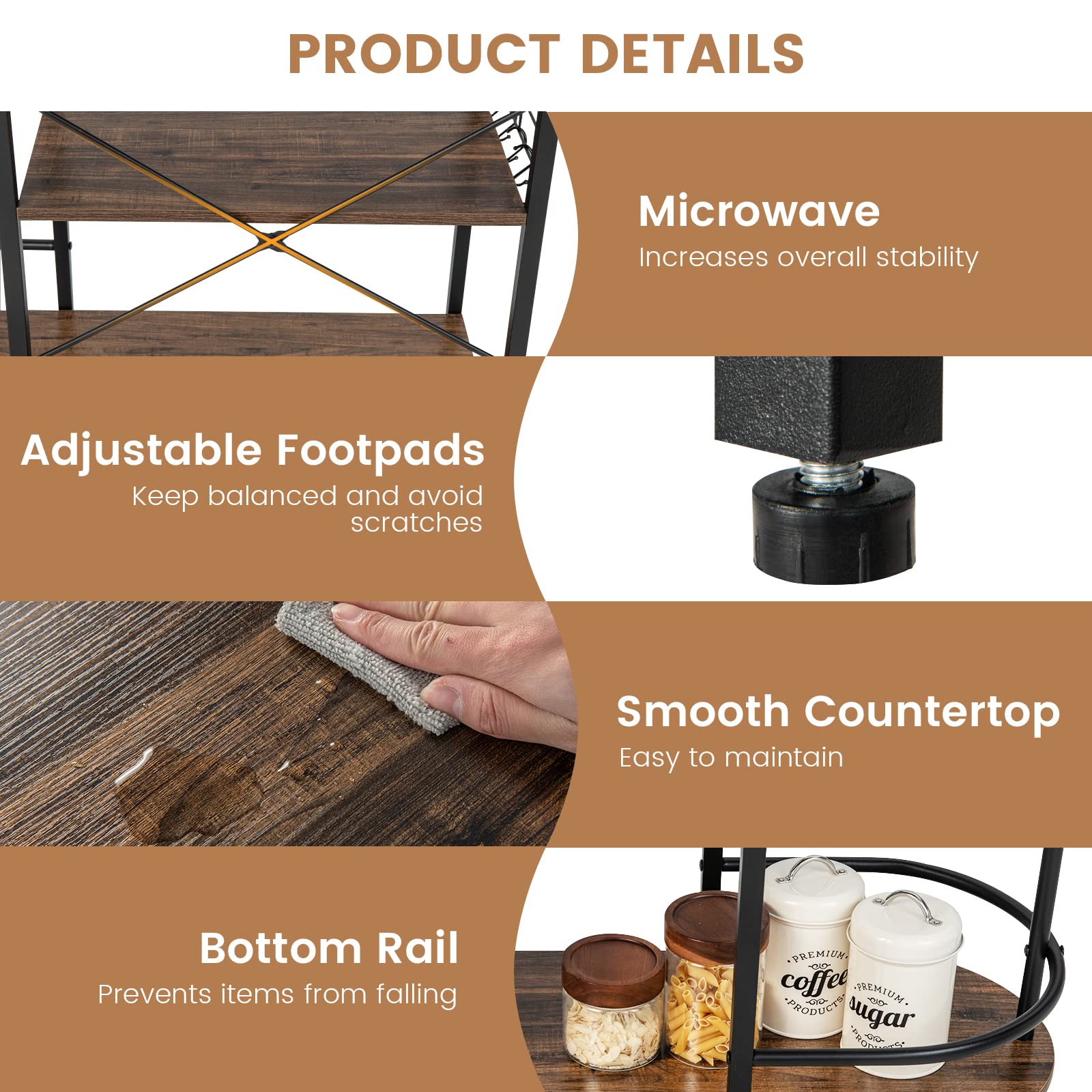 Giantex Kitchen Bakers Rack, 4-Tier Microwave Stand with 6 Hooks & Stemware Racks (Rustic Brown)