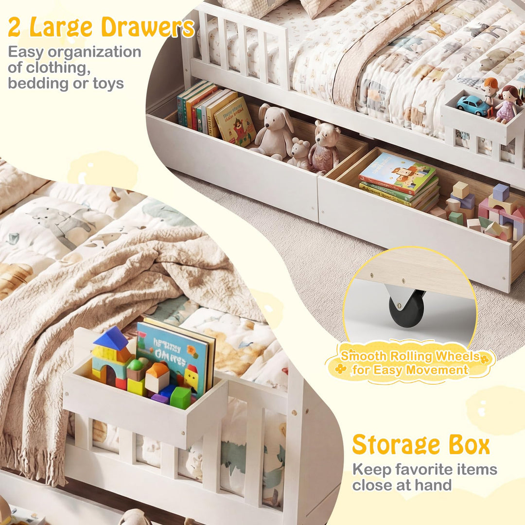 Giantex Full Size House Bed with Roof and Fence Rails for Kid