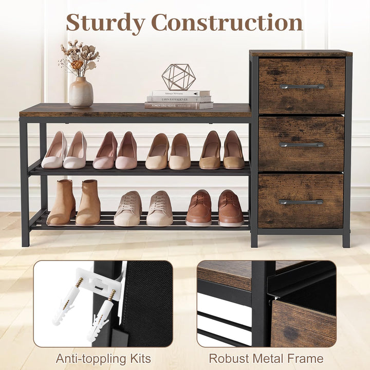 Giantex 3-Tier Industrial Shoe Storage Bench with 3 Removable Fabric Drawers