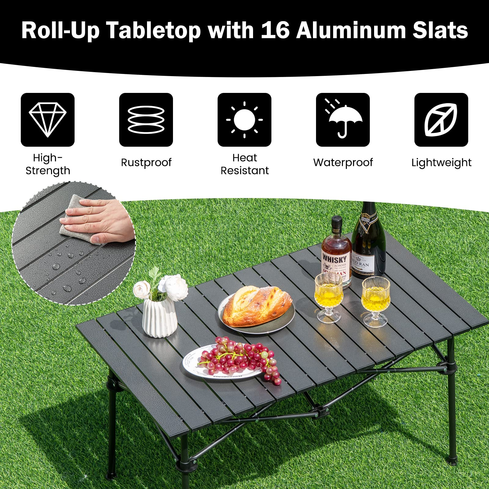 Giantex Folding Camping Table for 4-6 People, Roll-Up Lightweight Picnic Table with Large Aluminum Tabletop & Carrying Bag (Black)