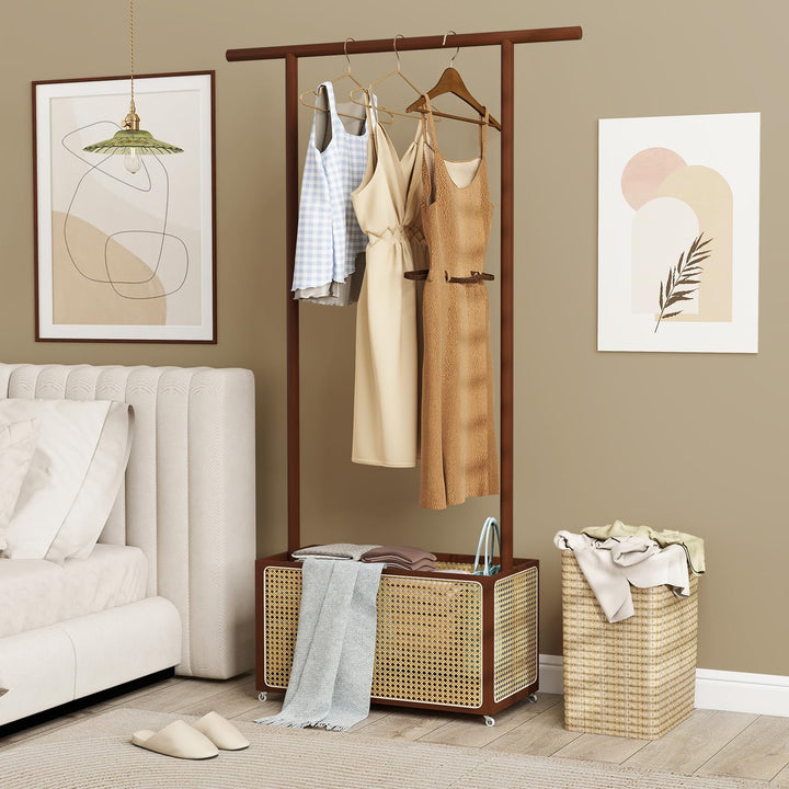 Giantex Bamboo Clothes Rack 2-In-1 Clothing Hanging Rail for Hallway Living Room Bedroom