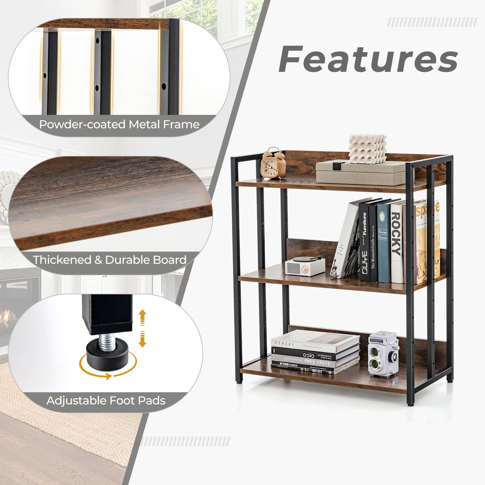 Giantex 3-Tier Bookshelf, Industrial 32" Tall Small Book Shelf with Adjustable Shelves