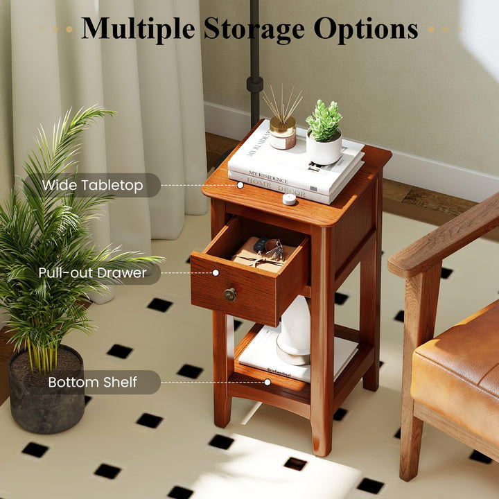 Giantex Narrow End Table with Drawer 23.5" H Side Table w/Open Storage Shelf & Solid Wood Frame