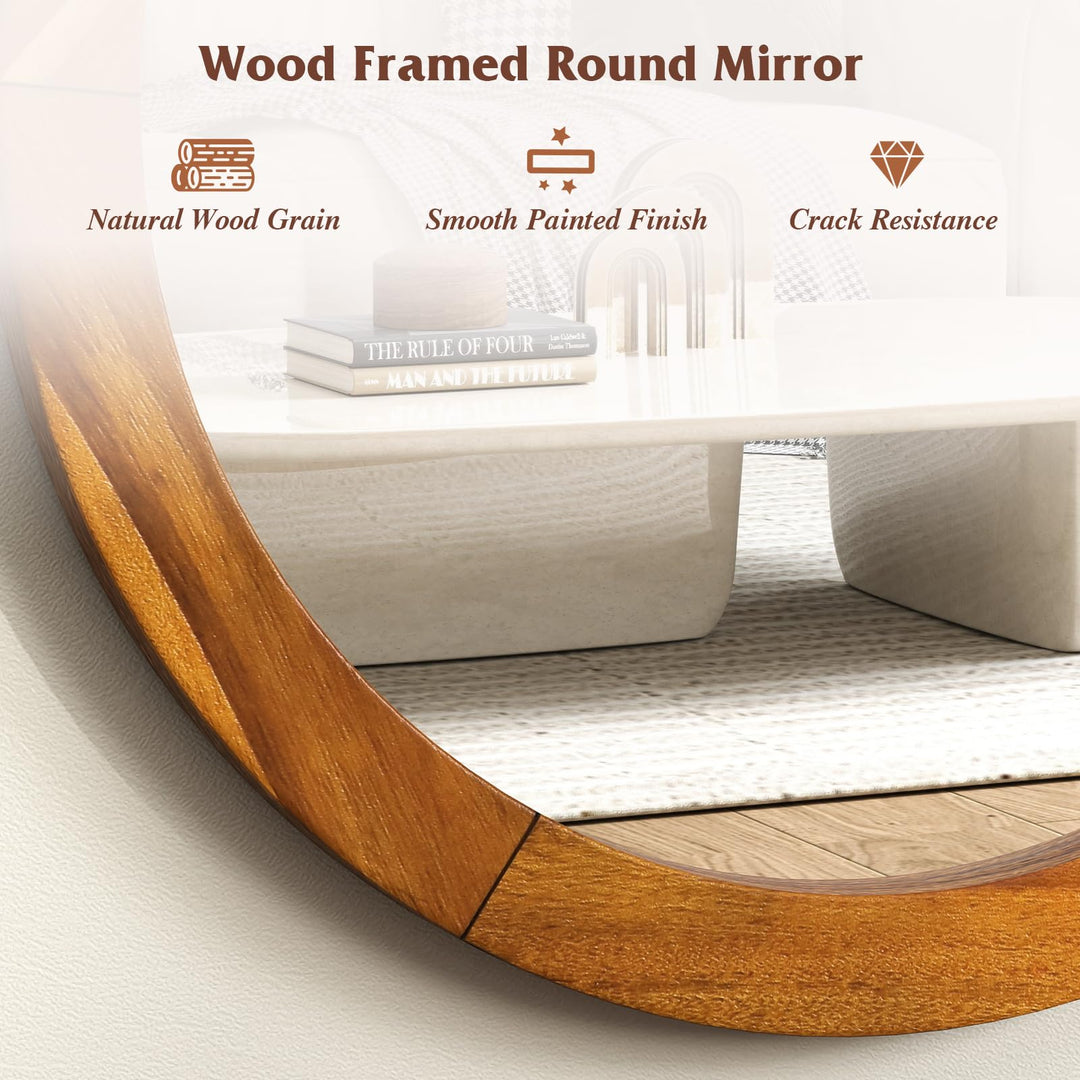 Farmhouse Wall Mirror Round Mirror with Solid Acacia Wood Frame