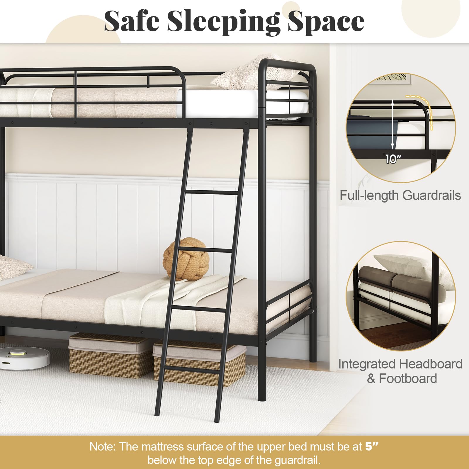 Giantex Metal Bunk Bed Twin Over Twin, Heavy Duty Twin Bunk Beds with Inclined Ladder & Safety Guardrails