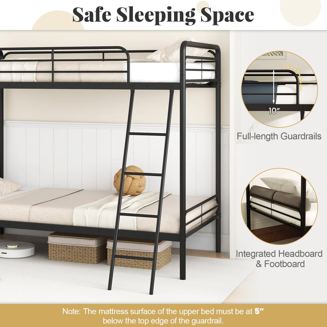 Giantex Metal Bunk Bed Twin Over Twin, Heavy Duty Twin Bunk Beds with Inclined Ladder & Safety Guardrails