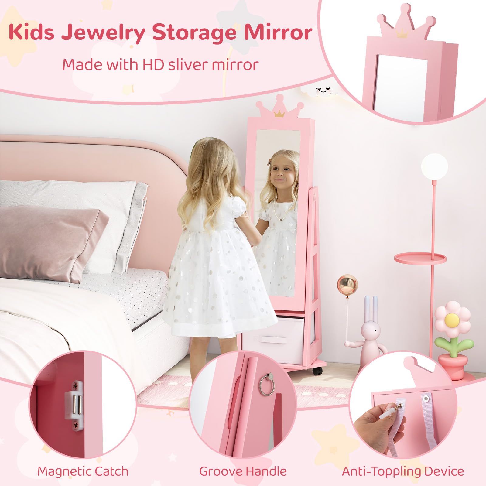 CHARMAID 360° Swivel Kids Jewelry Cabinet, 48" Standing Jewelry Organizer with Full Length Mirror, Storage Drawer