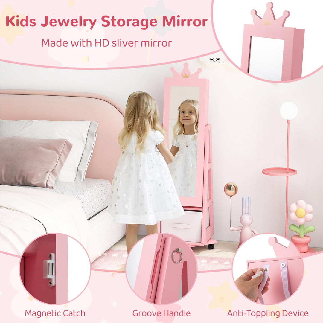 CHARMAID 360° Swivel Kids Jewelry Cabinet, 48" Standing Jewelry Organizer with Full Length Mirror, Storage Drawer
