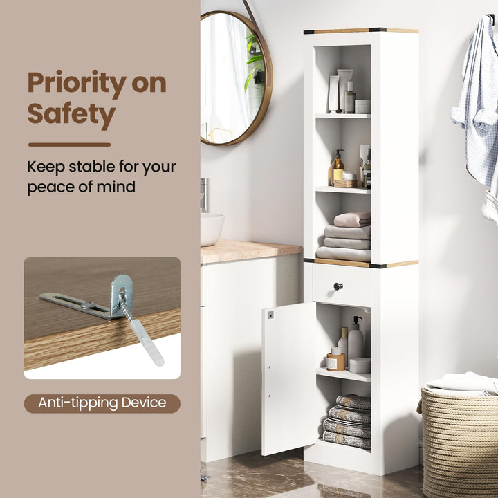 Giantex 68 inch Tall Bathroom Cabinet with Barn Door Narrow Slim Storage Organizer Unit with Drawer