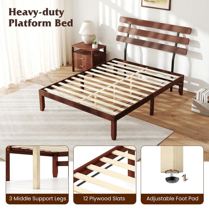 Giantex Platform Bed with Retro Headboard Mid Century Modern Bed Frame with Wood Slat Support