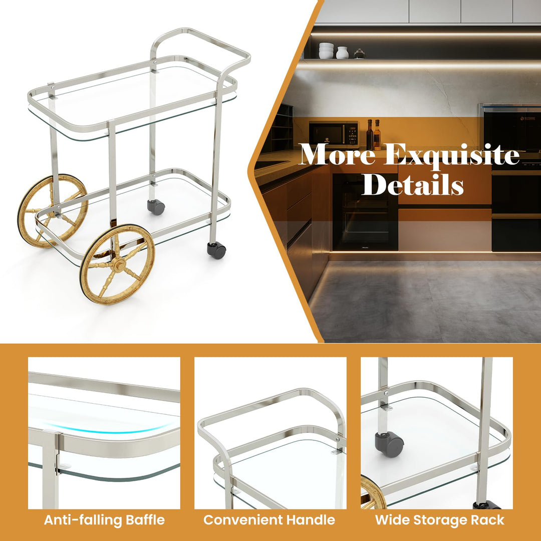 Giantex 2-Tier Bar Cart, Stylish Rolling Serving Cart w/Tempered Glass Shelves