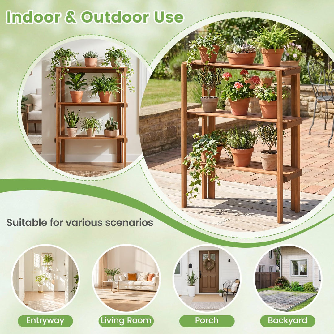 Giantex 3-Tier Foldable Solid Wood Indoor Outdoor Flower Pot Display Rack