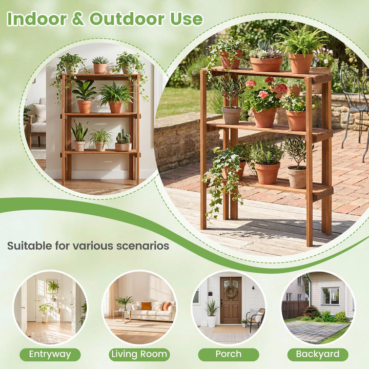 Giantex 3-Tier Foldable Solid Wood Indoor Outdoor Flower Pot Display Rack