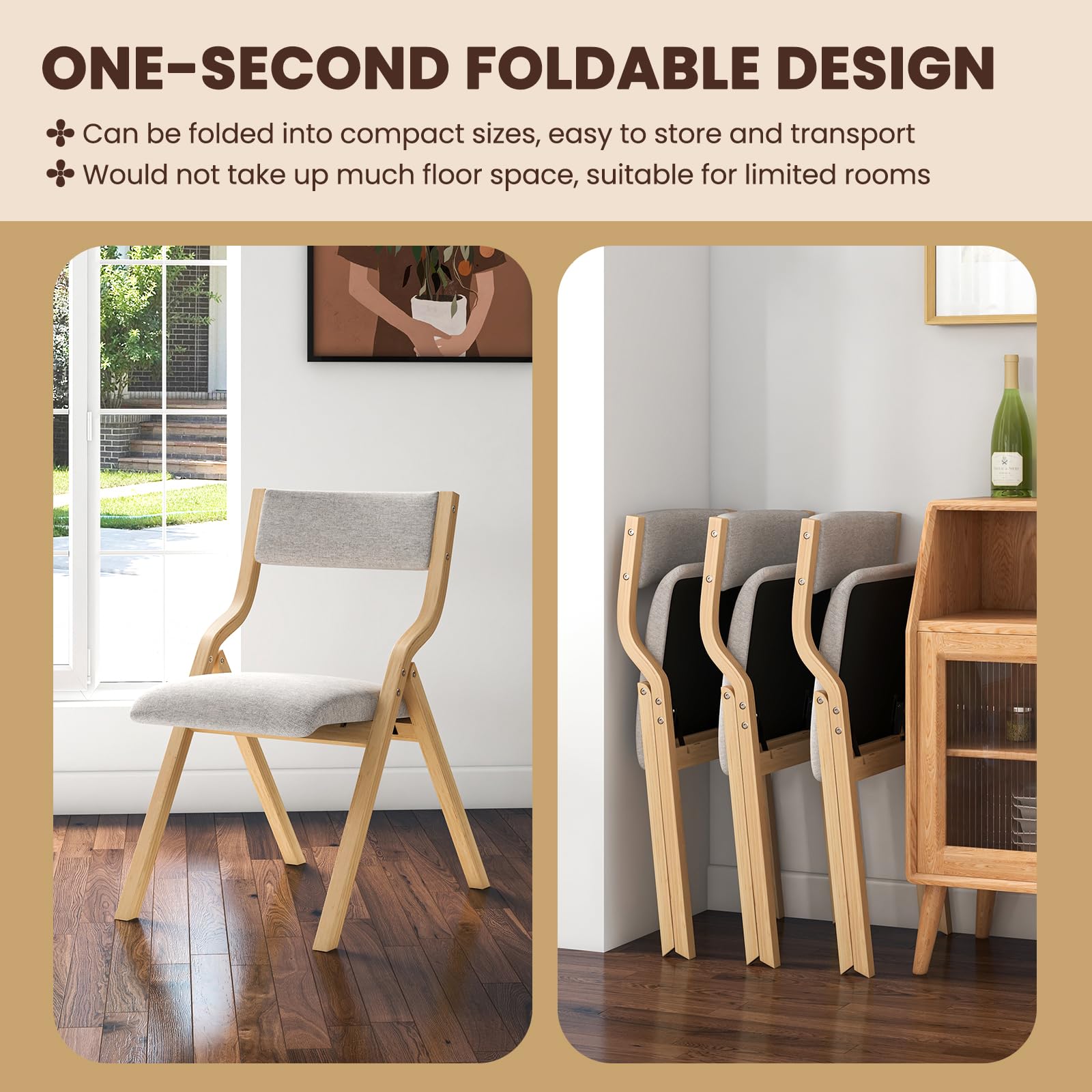 Folding Dining Chair Set of 2, No Assembly Folding Chairs w/Linen Padded Seats - Giantex
