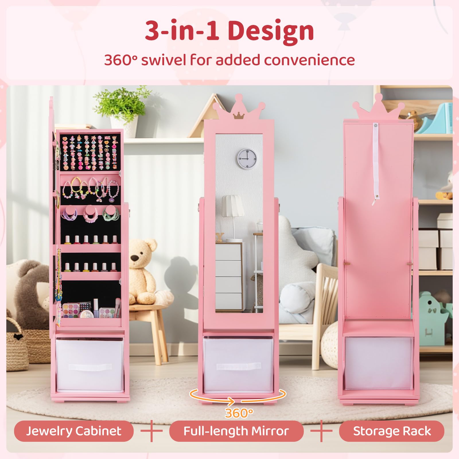 CHARMAID 360° Swivel Kids Jewelry Cabinet, 47" Full Length Mirror with Jewelry Storage