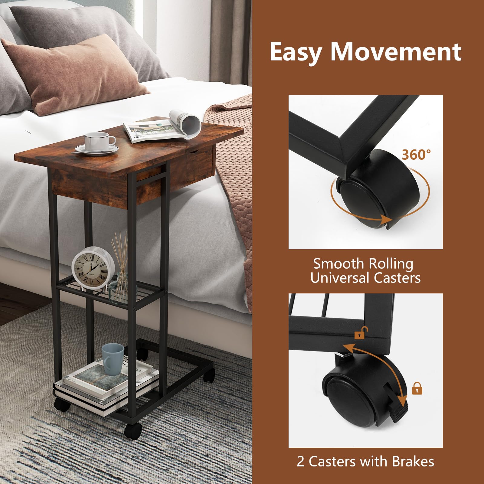 Giantex C-Shaped End Table with Charging Station Set