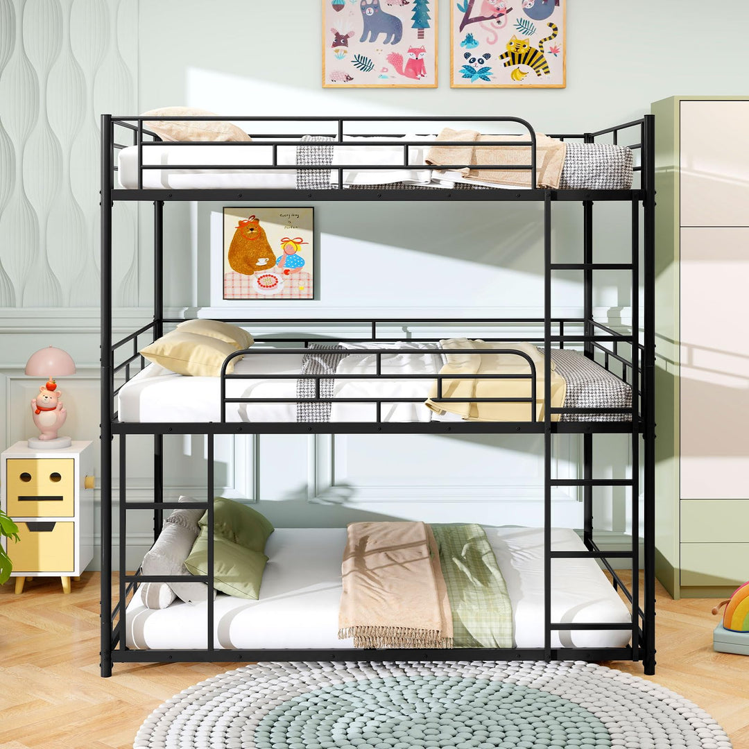 Giantex Metal Full Over Full Over Full Bunkbeds with Safety Guardrails & 2 Ladders