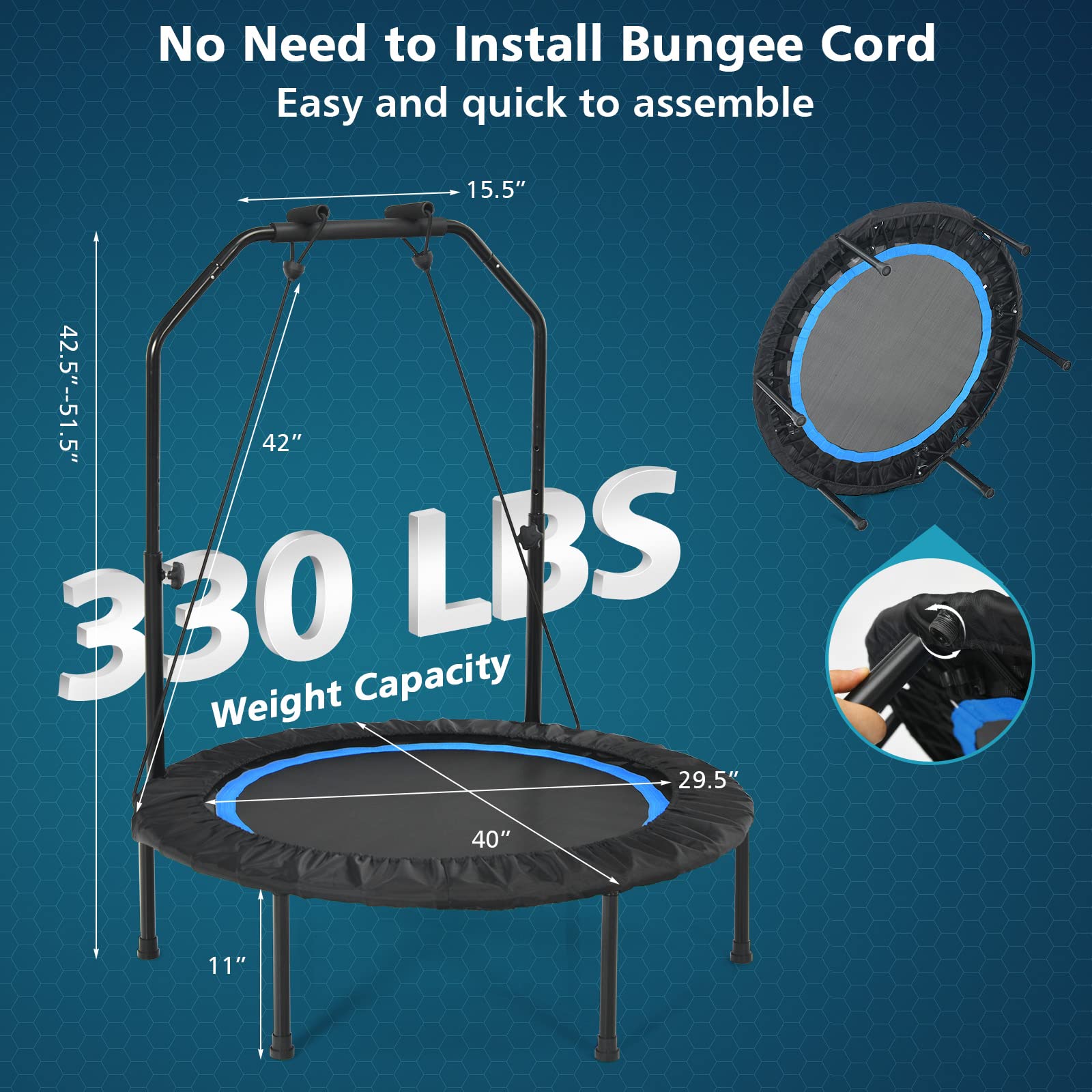 40" Foldable Indoor and Outdoor Mini Fitrness Trampoline with Adjustable Handle