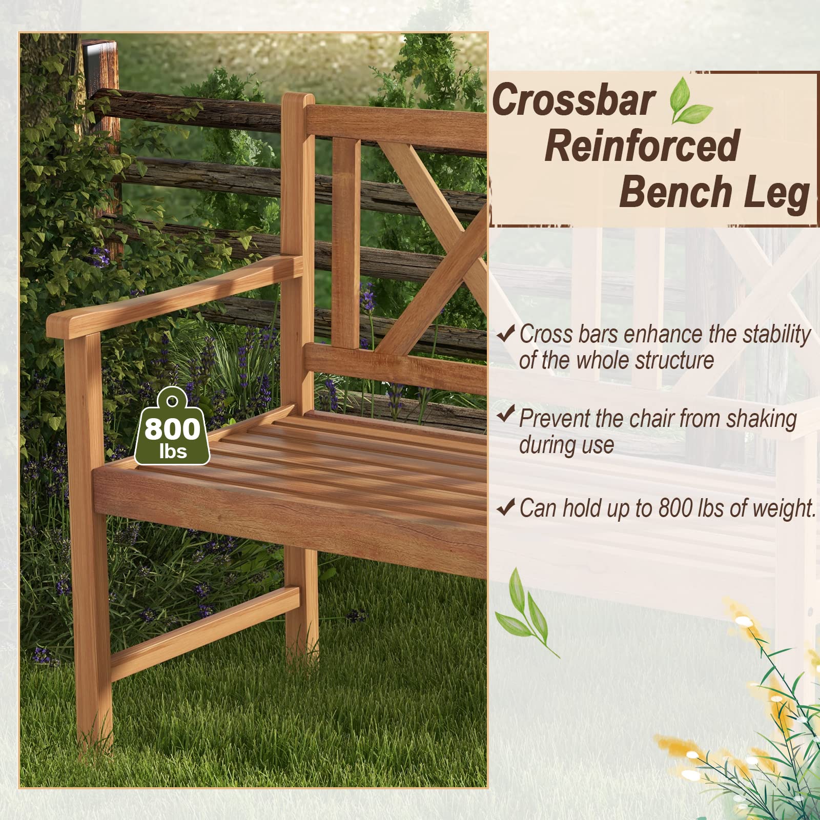Giantex Outside Garden Bench Loveseat - 2-Person Acacia Wood Bench with Armrest