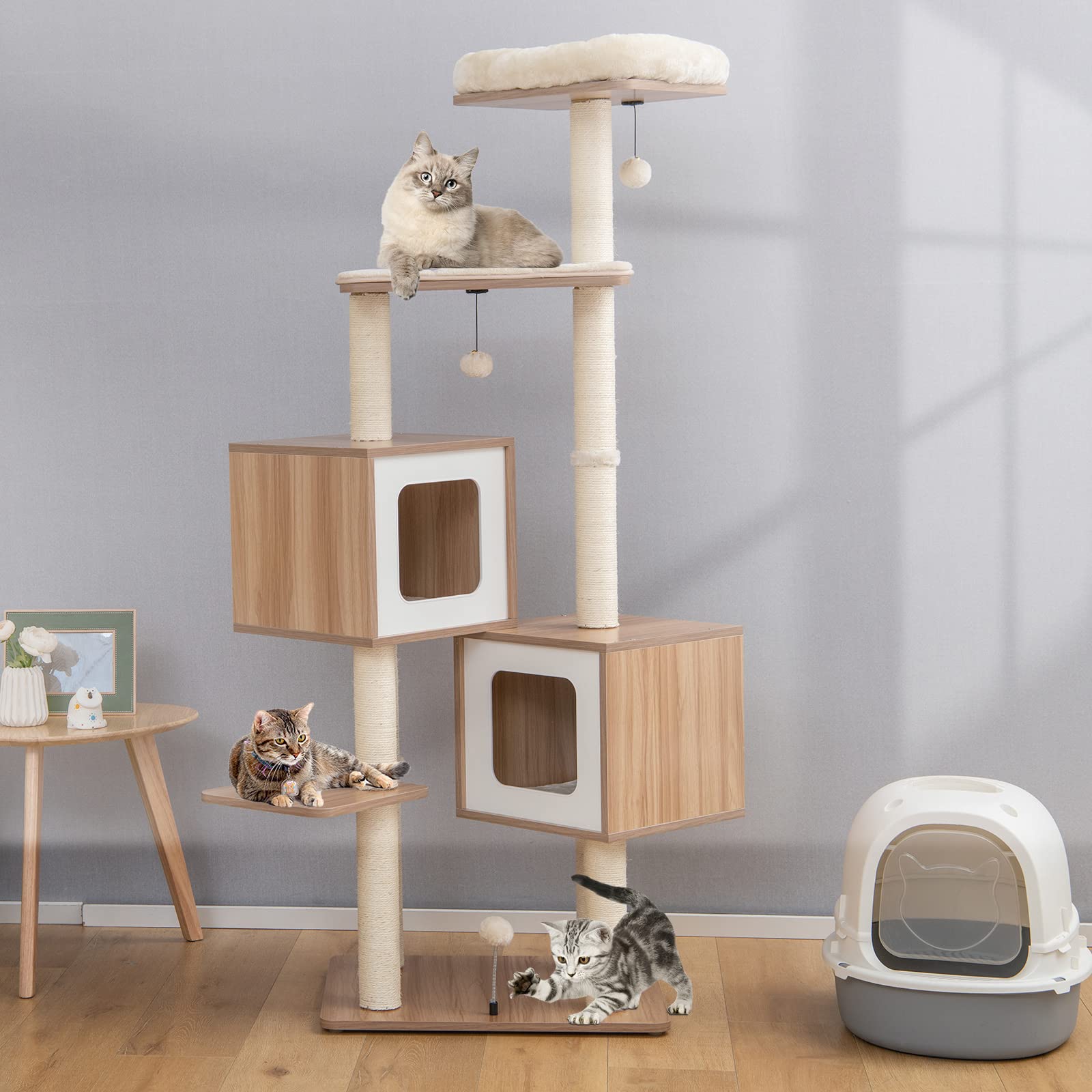 Giantex Multi-Layer Cat Tree, 64.5 inches Cat Tower with Natural Sisal Scratching Posts, 2 Condos, Padded Perch