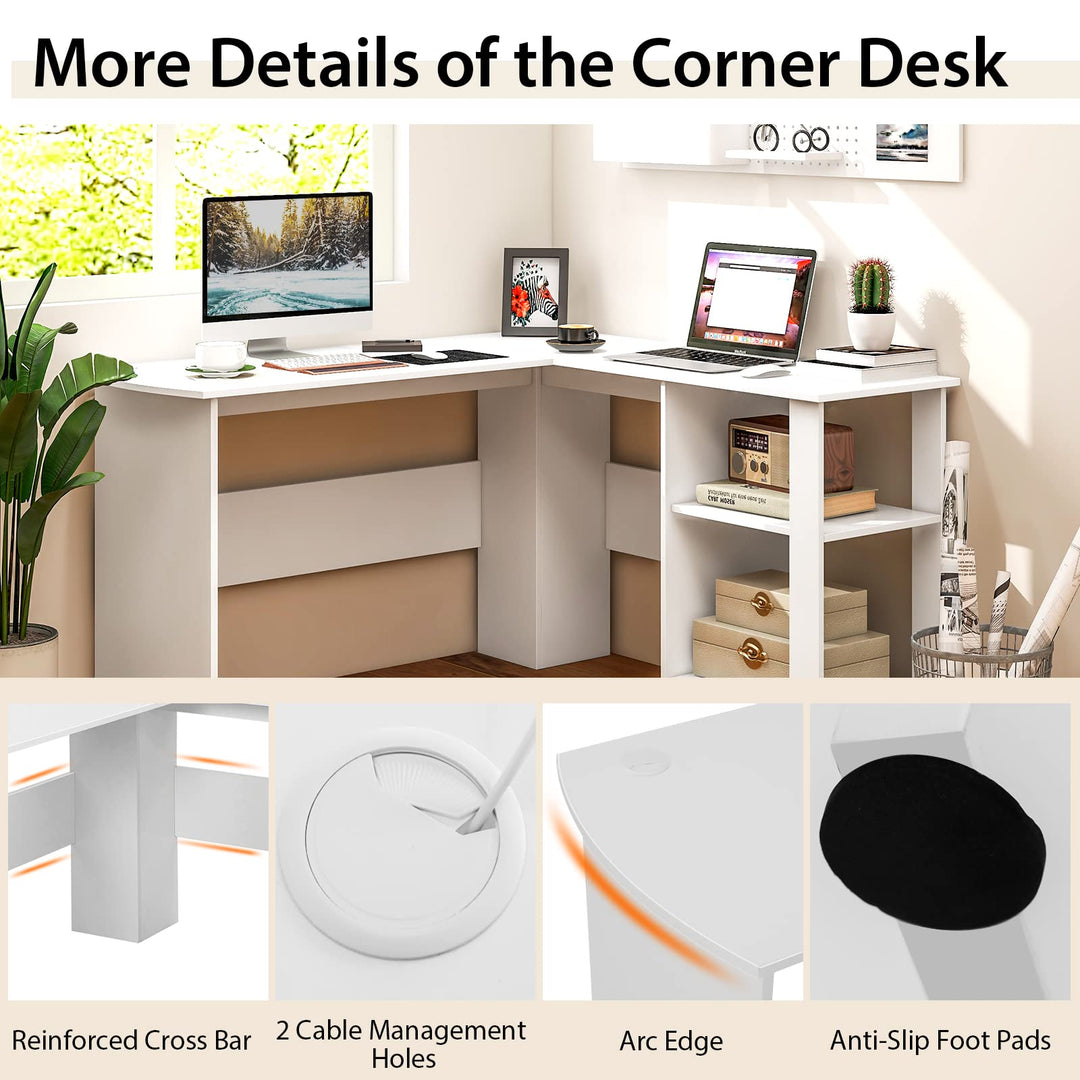 Giantex L Shaped Computer Desk, 51" Large Corner Desk with 2 Cable Holes & 2 Storage Shelves, White