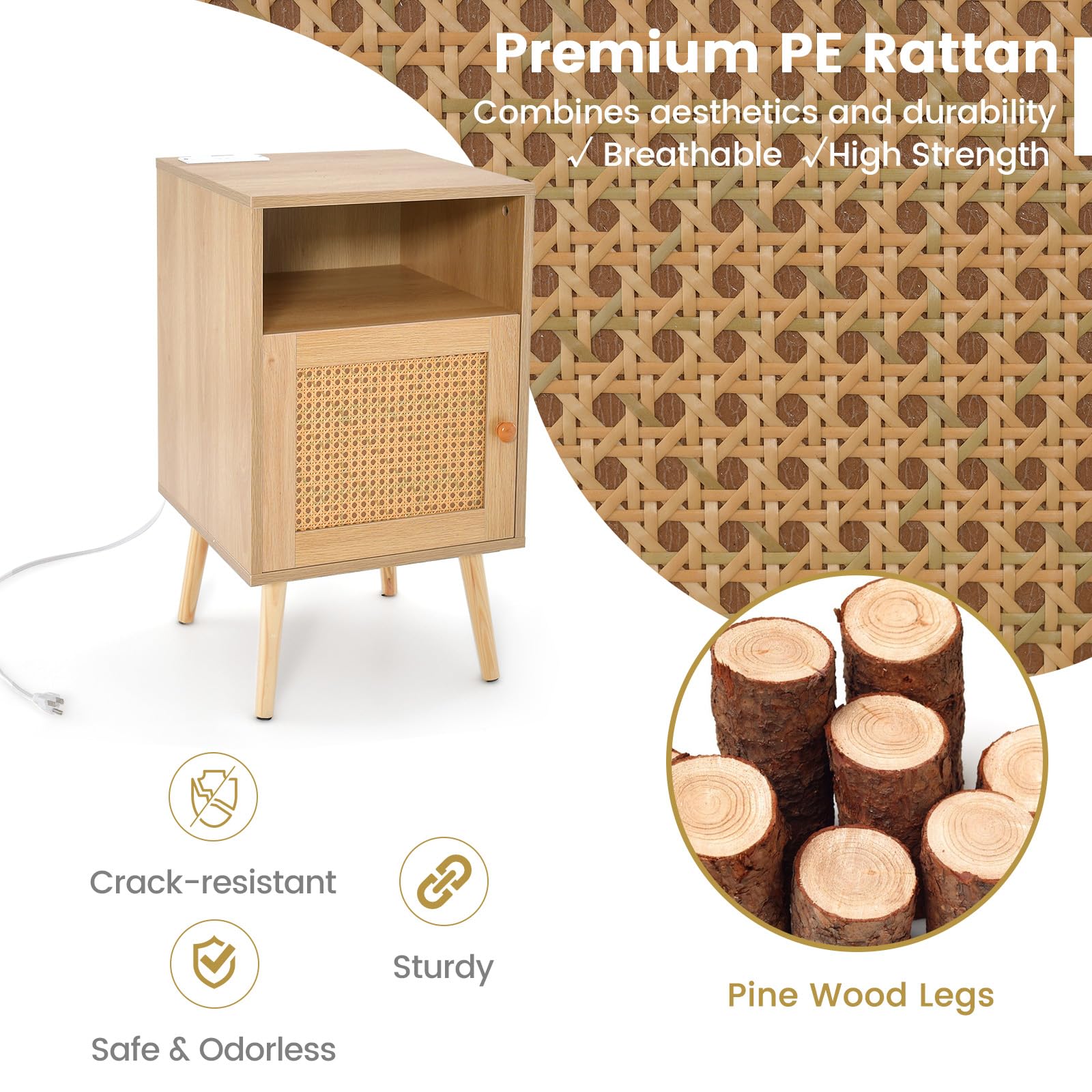 Ginatex Rattan Nightstand with Charging Station