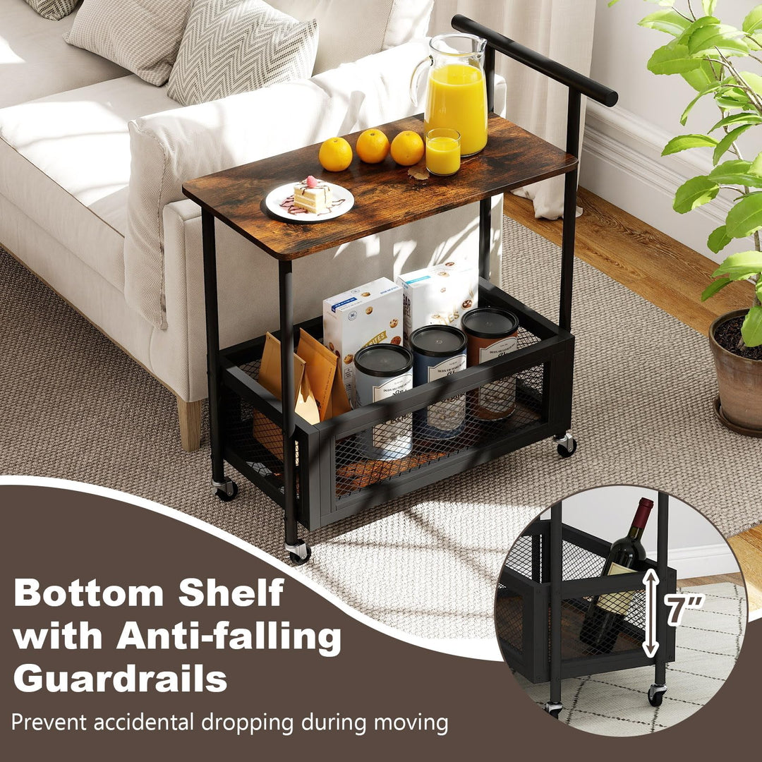 Giantex Rolling End Table with Handle 2-Tier Sofa Side Table with Open Shelf & Mesh Basket