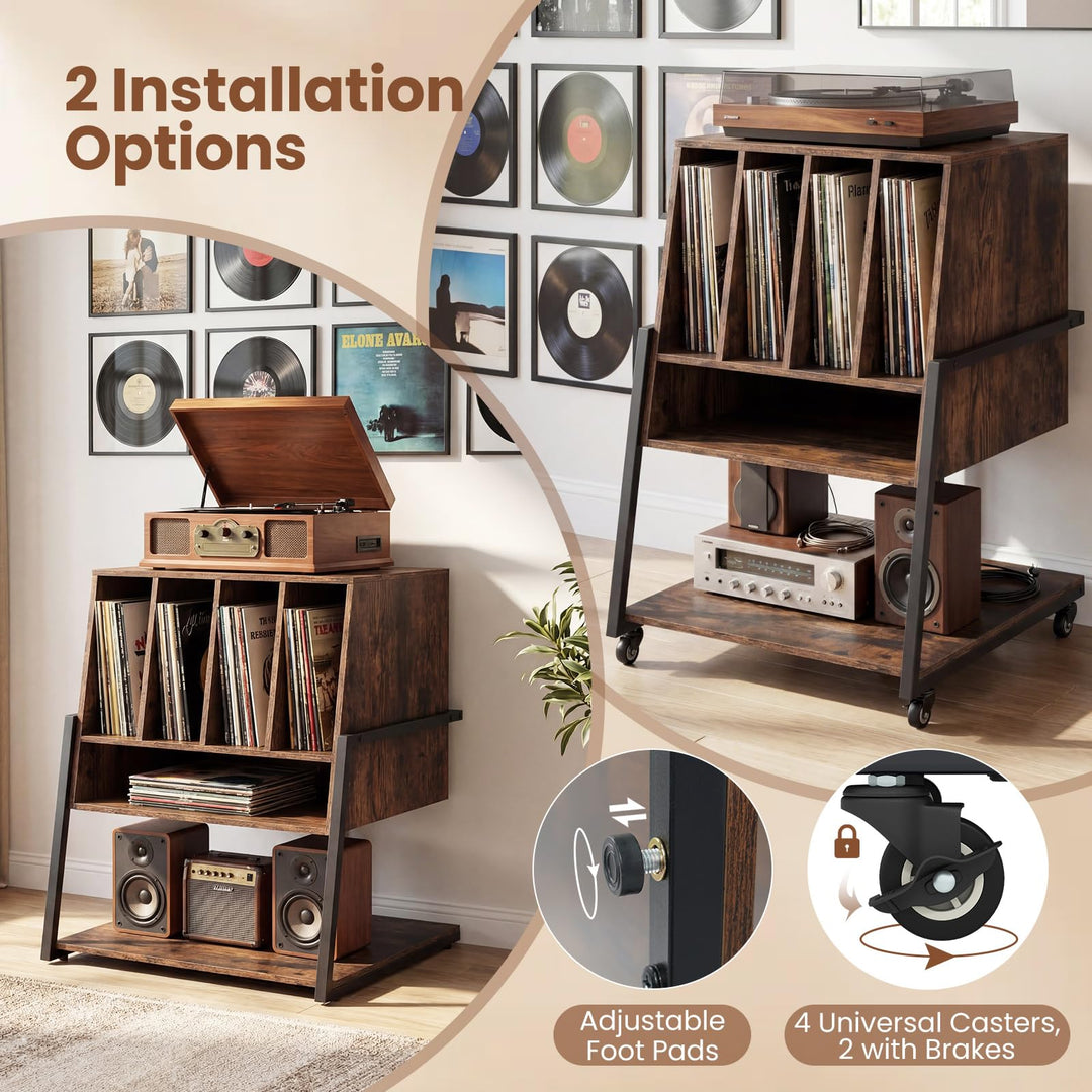 Giantex Record Player Stand on Wheels | 3-Tier Turntable Stand with Charging Station