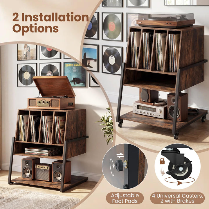 Giantex Record Player Stand on Wheels | 3-Tier Turntable Stand with Charging Station