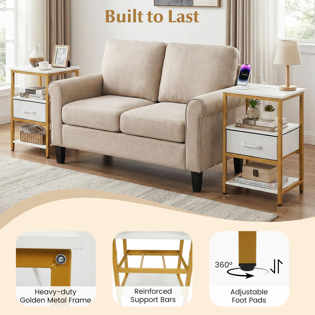Giantex Nightstand with Charging Station and Adjustable Fabric Drawer for Bedroom and Living Room