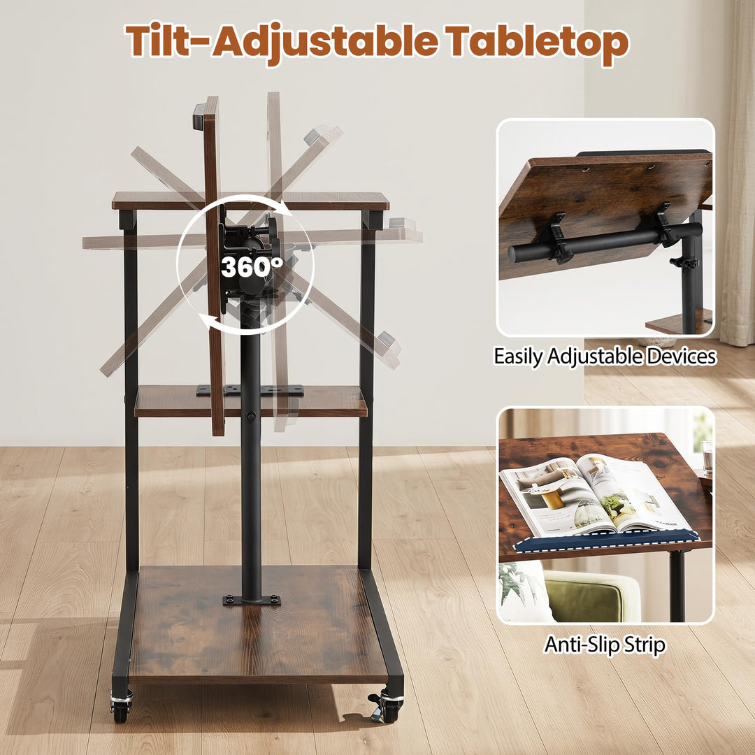 Giantex C Shaped End Table Set 2 w/Charging Station Tiltable Tabletop Wheel