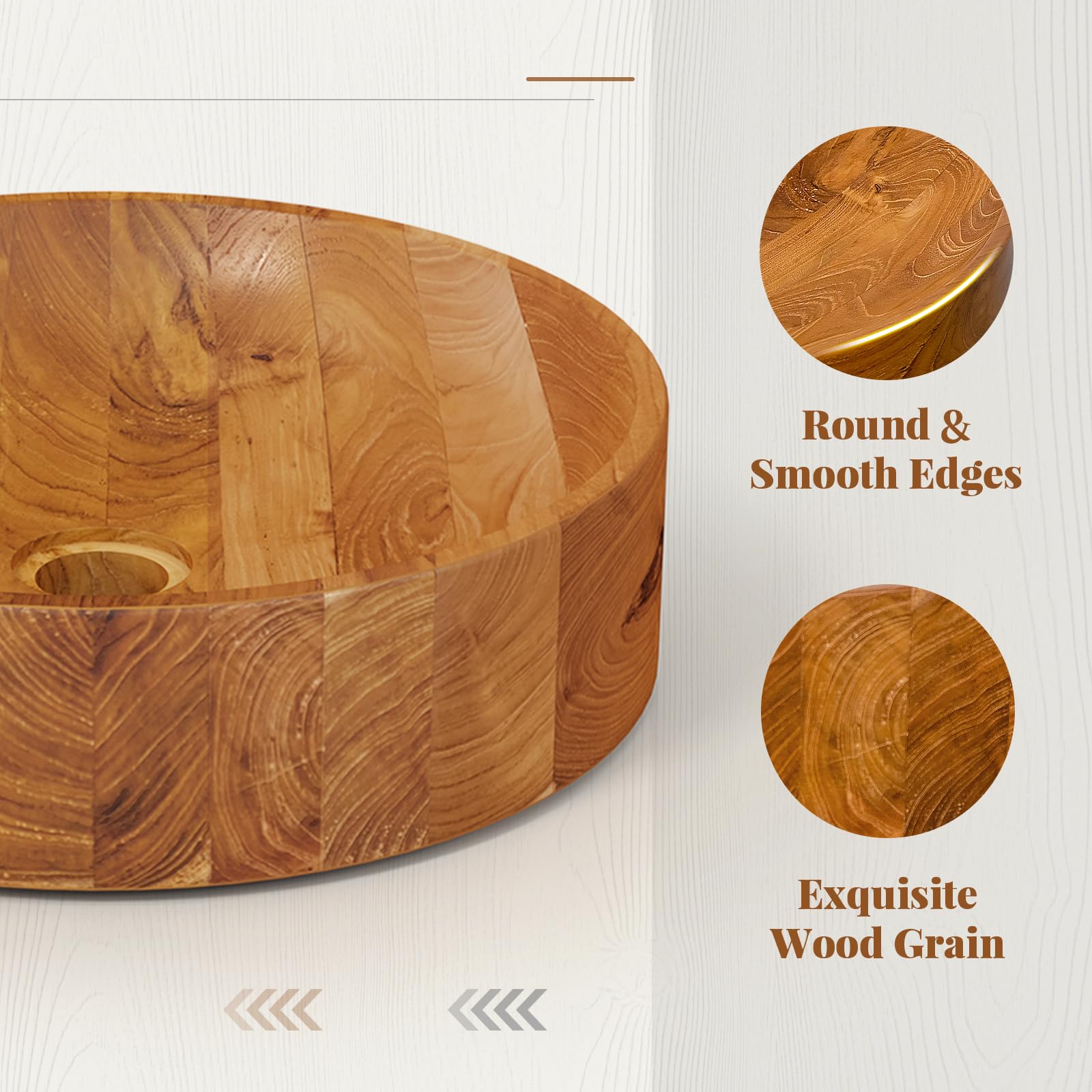 Giantex Teak Wood Vessel Sink - Bathroom Washbasin with Smooth Finish, 2.5” Drain Hole for 1 5/8" Drainage (16” x 16” x 4”)