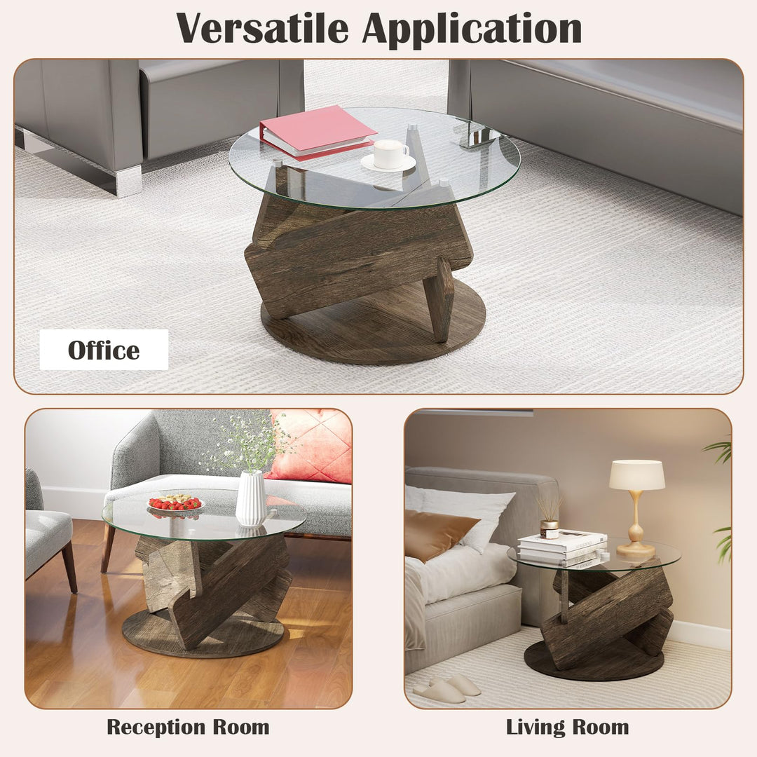 Giantex 32inch Glass Round Coffee Table with Clear Tempered Glass Top Solid Wood Legs
