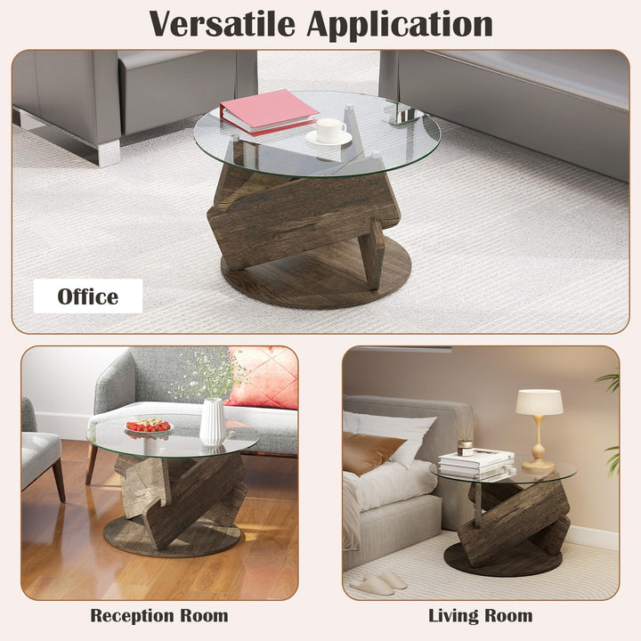 Giantex 32inch Glass Round Coffee Table with Clear Tempered Glass Top Solid Wood Legs