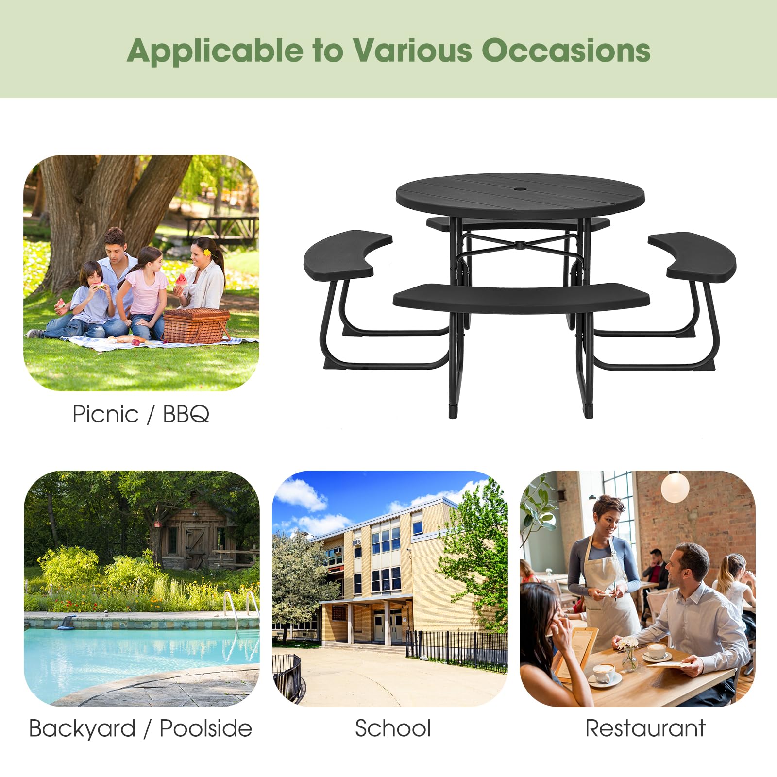 Giantex Picnic Table Set for Up to 8 Persons, Round Outdoor Table and Bench Set with Umbrella Hole