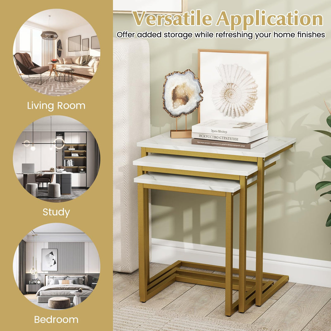 Giantex Nesting Coffee Table Set of 3 Stackable Square End Table w/Faux Marble Tabletop & Heavy-Duty Metal Frame