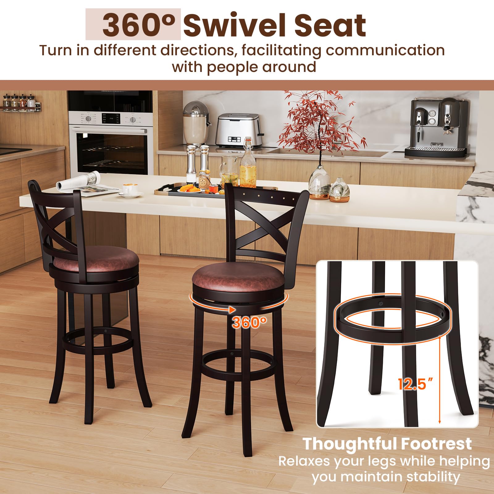 Giantex 30" Swivel Bar Stools with Footrest & Rubber Wood Frame