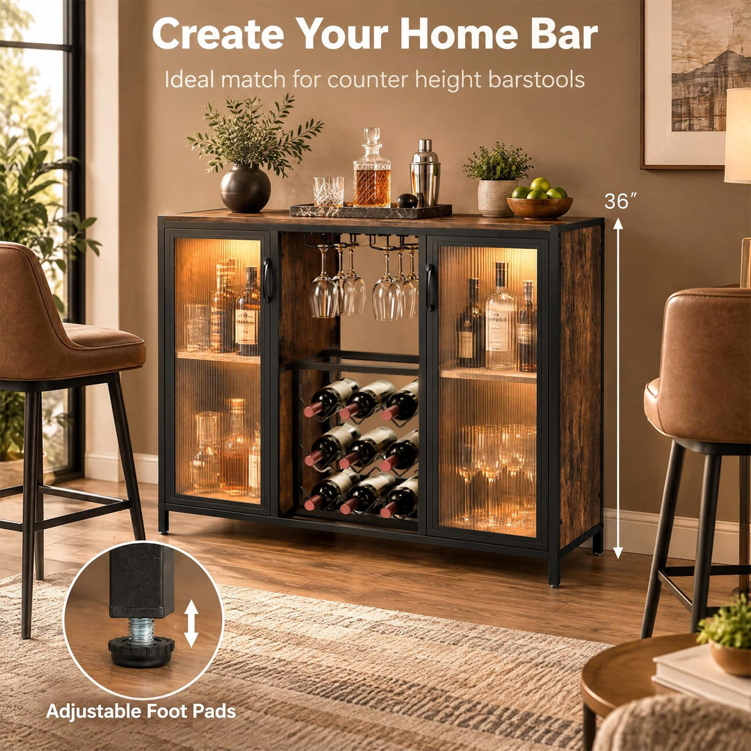 GIANTEX Modern Coffee Bar Cabinet with Wine Racks &amp; LED Lights