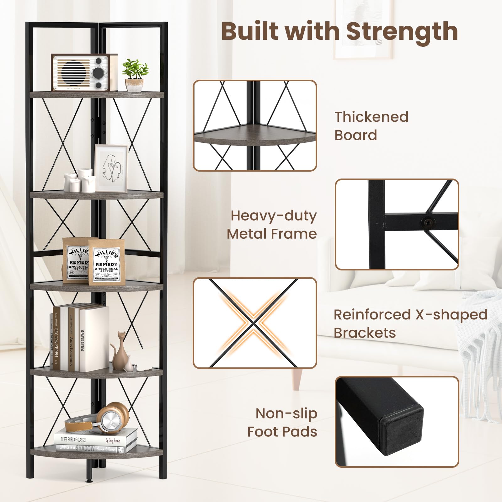 Giantex 5-Tier Corner Shelf, 63" Tall Corner Bookshelf, Freestanding Storage Rack w/Metal Frame