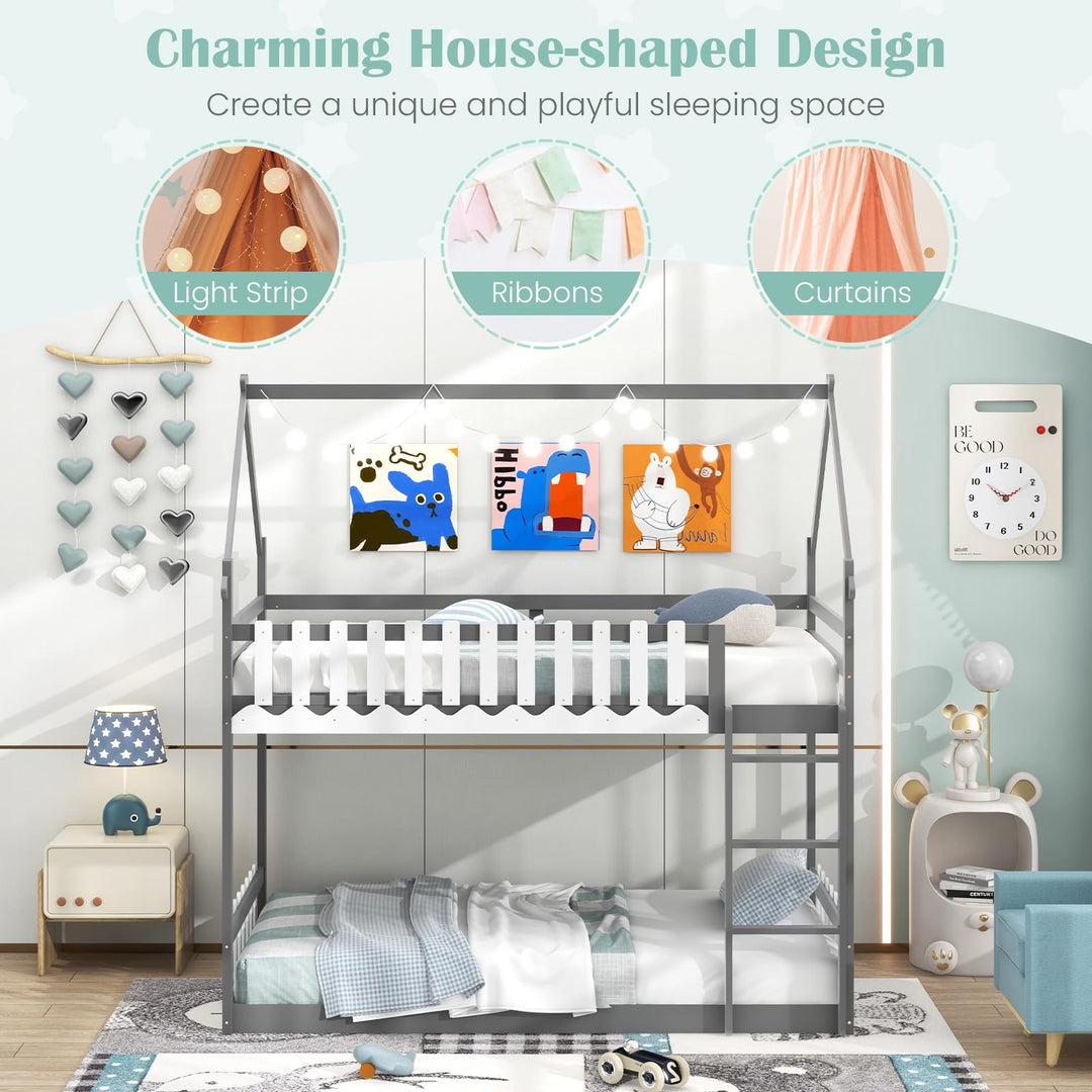 Giantex Bunk Bed Twin Over Twin, Wood House Low Bunk Bed with Ladder & Fence Safety Guardrail