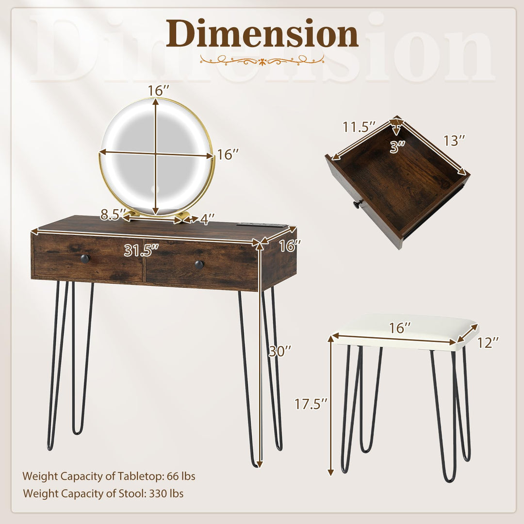 CHARMAID Vanity Desk with LED Lighted Mirror & Charging Station