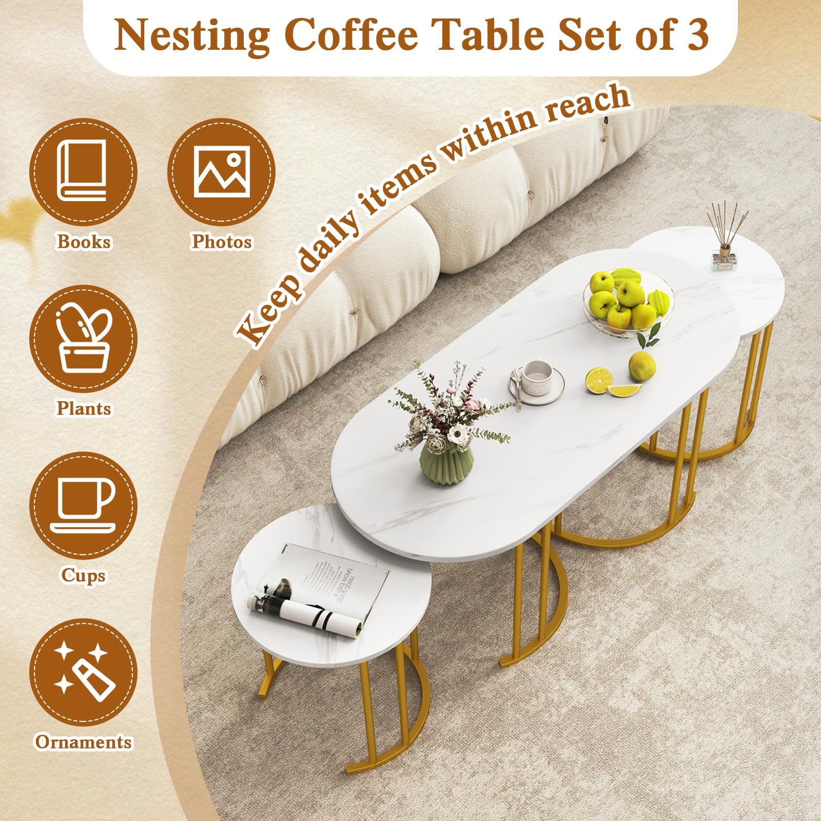 Giantex Nesting Coffee Table Set of 3, Stacking Side Tables with Faux Marble Tabletop & Gold Metal Frame